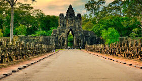 Iconic Siem Reap temple ruins for a vibrant Siem Reap Tours banner with Legend Travel Group.