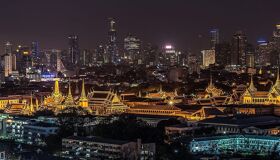 Iconic Bangkok cityscape at dusk for a Bangkok Tours banner by Legend Travel Group.