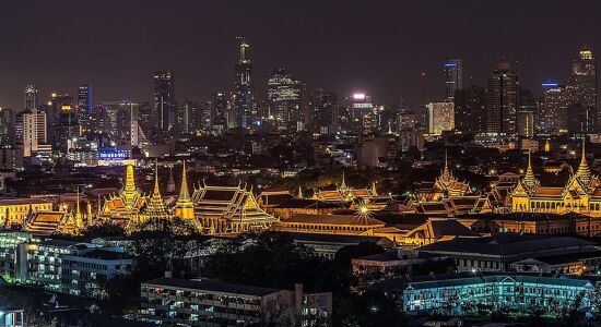 Iconic Bangkok cityscape at dusk for a Bangkok Tours banner by Legend Travel Group.