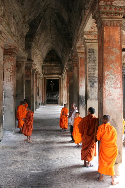 Buddhist Monks walking in the Temples, Angkor Complex, Cambodia