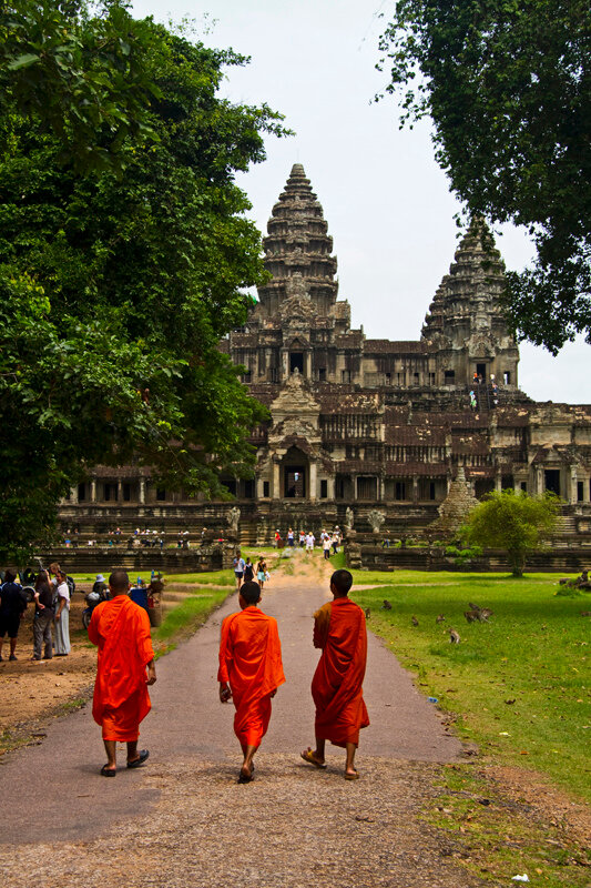 Buddhist Monks walking at Angkor Wat, Siem Reap, Cambodia