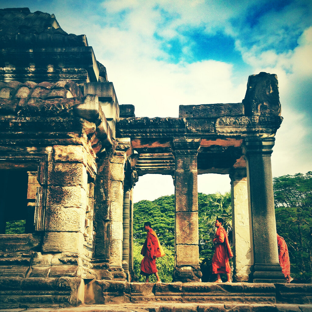 Buddhist Monks walking inside the Temples, Siem Reap