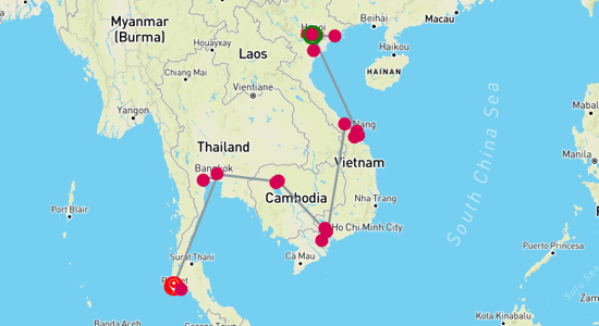 Map of Discovering Southeast Asia Cultural Riches and Seaside Charms 19-Day