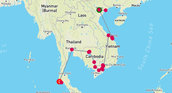 Map of Endless Beauty of Vietnam, Cambodia and Thailand - 19 Days