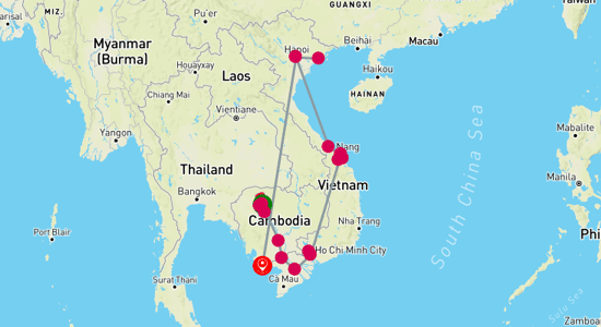 Map of Indochina Odyssey: Discovering the Gems of Cambodia and Vietnam 22-Day