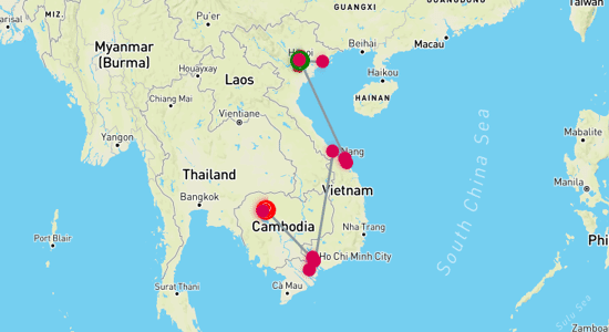 Map of Ultimate Luxury Tour: Discovering Vietnam and Cambodia 12-Day