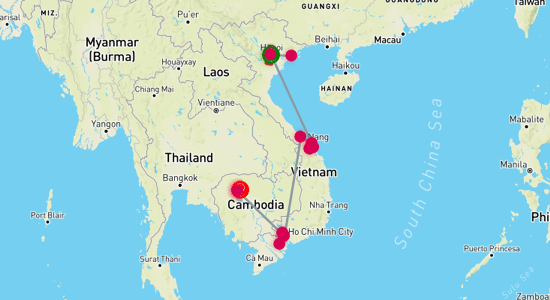 Map of Vietnam and Cambodia - 14 Days. Departure every Saturday from Hanoi