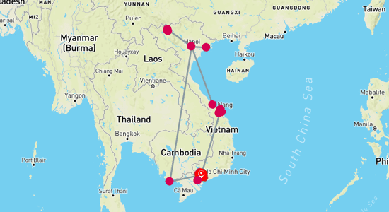 Map of tour Authentic Vietnam: Local Life, Trekking, and Relaxation 18-Day
