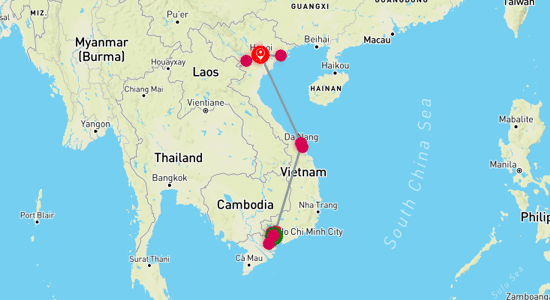 Map of Best of Vietnam from Saigon to Hanoi 11 Days - Super Save
