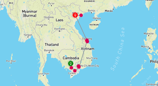 Map of The Mekong Passage: From Phnom Penh to Hanoi 10-Day