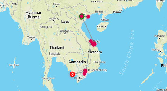 Map of tour The Ultimate Vietnam Discovery and Relaxation 16-Day