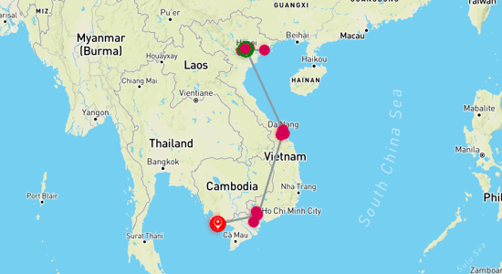 Map of Vietnam Highlights and Phu Quoc Island - 14 Days