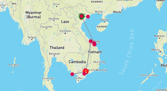 Map of Vietnam Romantic Honeymoon and Phu Quoc Island Extension 14-Day Trip
