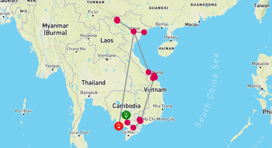 Map of Coastal Charm and Mekong Delta Adventure Tour 18-Day