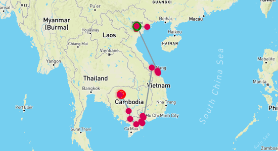 Map of Highlights of Vietnam and Cambodia via Mekong River - 15 Days
