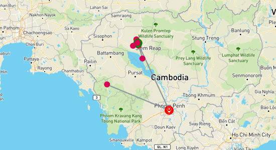 Map of Best of Cambodia: Temples and River 8-Day Tour