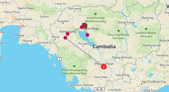 Map of Cambodia Express 8-Day Tour