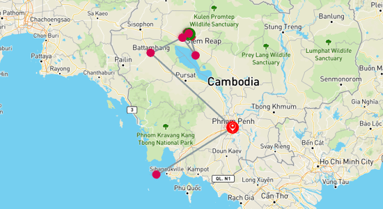 Map of Charm of Cambodia and Koh Rong Saloem 12-Day Tour
