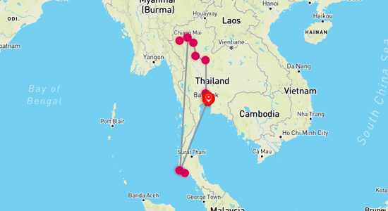 Map of Thailand Culture and Adventure Tour: From Bangkok to Phuket 15-Day