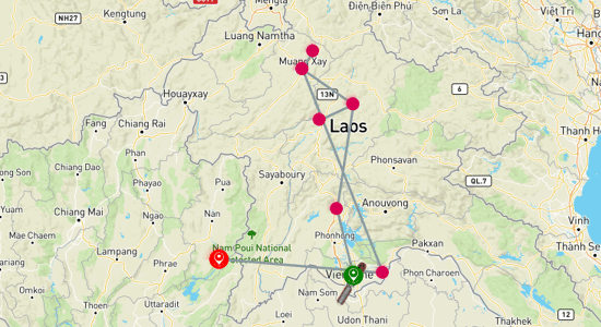 Map of Cross-Border Adventure: Vientiane to Chiang Rai 9-Day