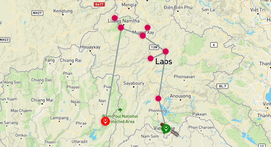 Map of Journey to the Golden Triangle: Vientiane to Chiang Mai 10-Day