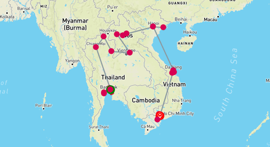Map of Cultural Capitals of Southeast Asia Tour 21-Day